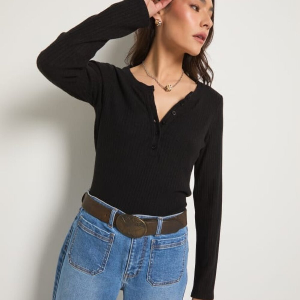 78 & Sunny Autumn Long Sleeve Henley in Black Size Large